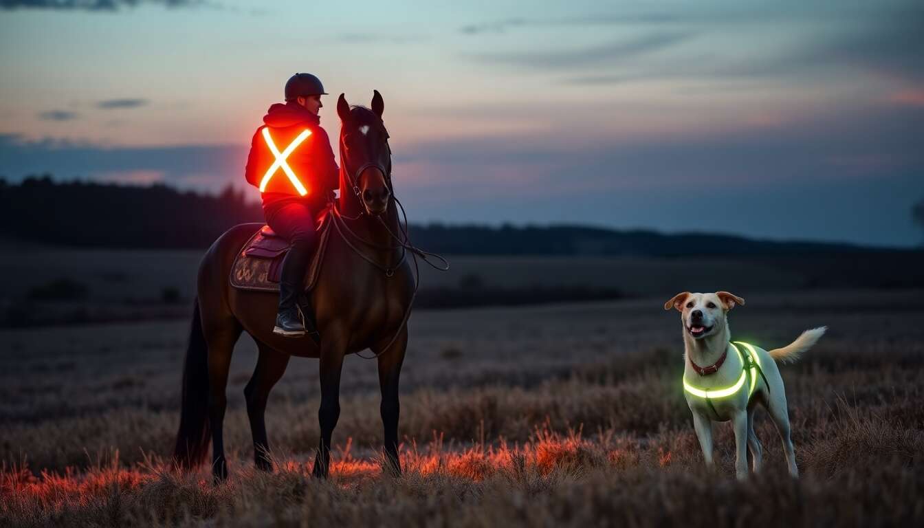 Équipement réfléchissant pour cheval, cavalier et chien : sécurité assurée