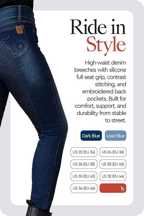 HORZE Kaia Pantalon d'équitation en jean pour femme Taille haute en silicone