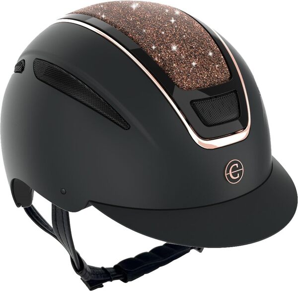 Covalliero Casque d'équitation Elite, casque d'équitation pour femme, ventilation optimale, sangles en cuir synthétique, doublure intérieure amovible, coque rigide en ABS, or rose, taille M/56-58 cm