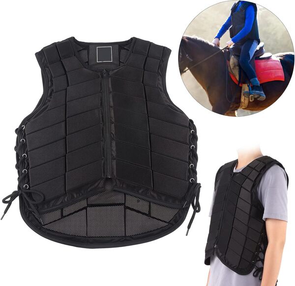 Gilet de protection équestre noir, gilet d'équitation une pièce avec rembourrage étendu pour adultes, garçons, filles, enfants, unisexe (taille XL)